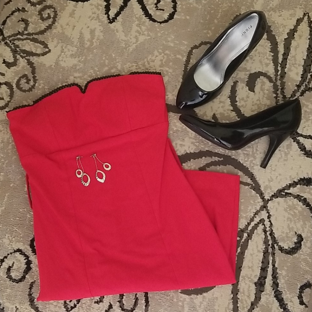 Body Central Red Strapless Dress with Black Trim